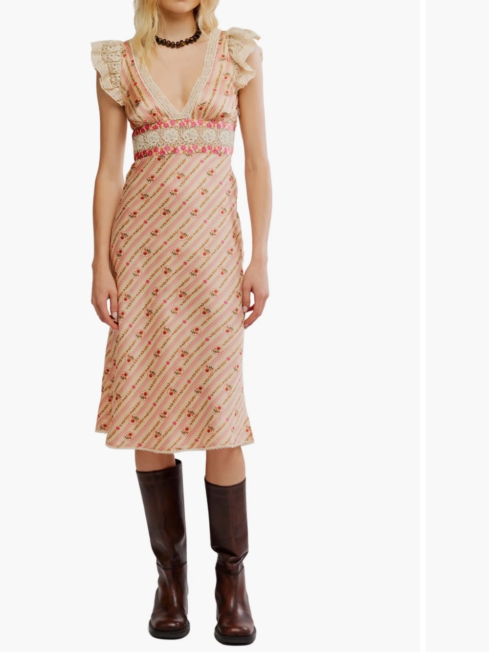 🌷Free People Bali Belle Floral Ruffle Satin Midi Dress